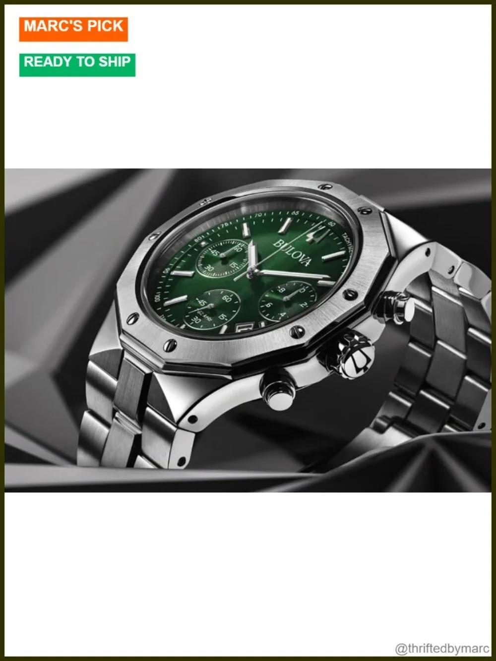 6-Hand Chronograph High Performance Quartz Stainless Steel Watch, Green Dial,